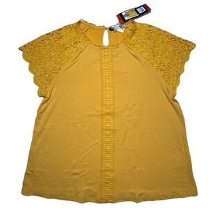 Cable & Gauge Golden Apricot Lace Sleeve Top Crochet Trim Keyhole Back Size M